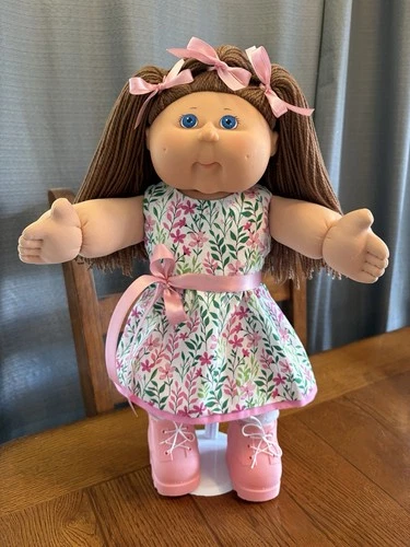2000s Cabbage Patch Kid Brown Hair Blue Eyes Pink Floral Dress Hi Top Boots