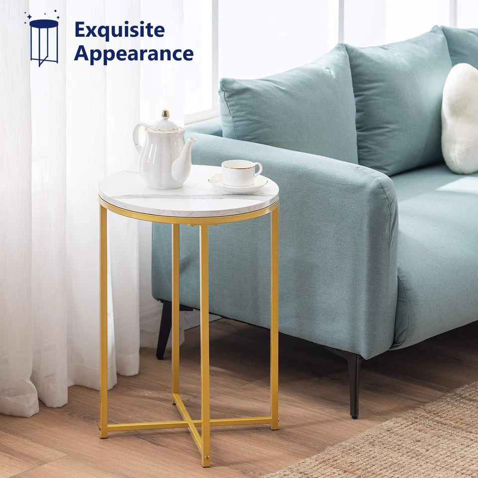 Mesa auxiliar redonda, mesa de sofá de mármol sintético, mesa auxiliar de acento con marco de metal,... Foto 3 de 4