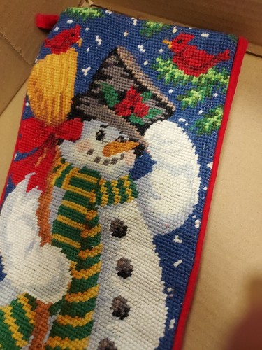 Vintage Wolle Nadelspitze Weihnachten Strumpf Schneemann rot Samt Rückseite 17" - Bild 3 von 5