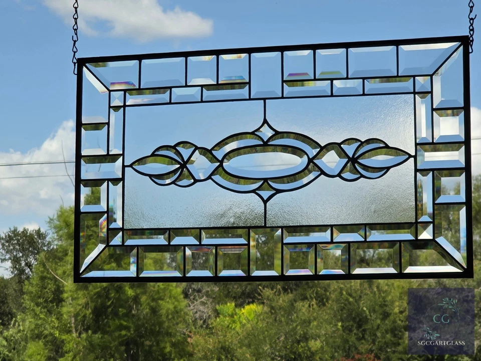 Stained glass, clear transom, rectangular 24.1/2 x 14 1/8 window hanging, panel - Image 3 of 4
