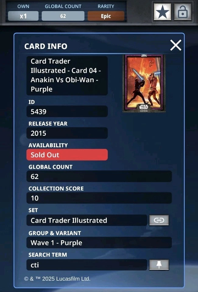 Topps Star Wars Card Trader illustrated 2015 / Anakin Vs Obi-Wan Purple / 62cc - Image 2 of 2