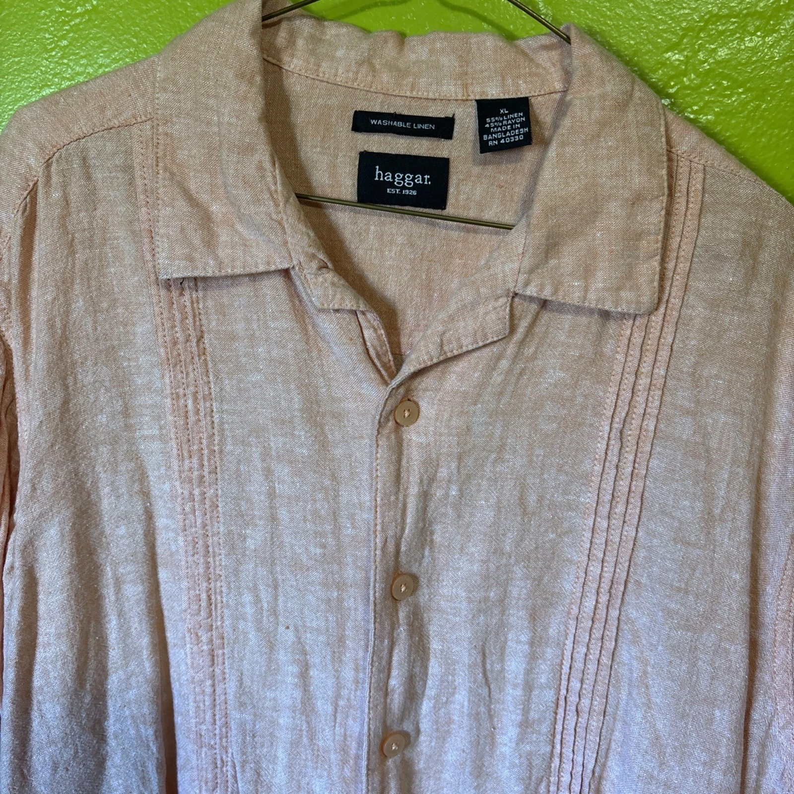 Haggar Sunset Salmon Linen Short Sleeve Button Up Shirt | Men's Size XL