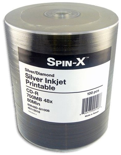 100-Pak Spin-X SREBRNY DRUK ATRAMENTOWY (przezroczysta piasta) DIAMONDSILVER 48X 80-min CDR - Zdjęcie 1 z 2