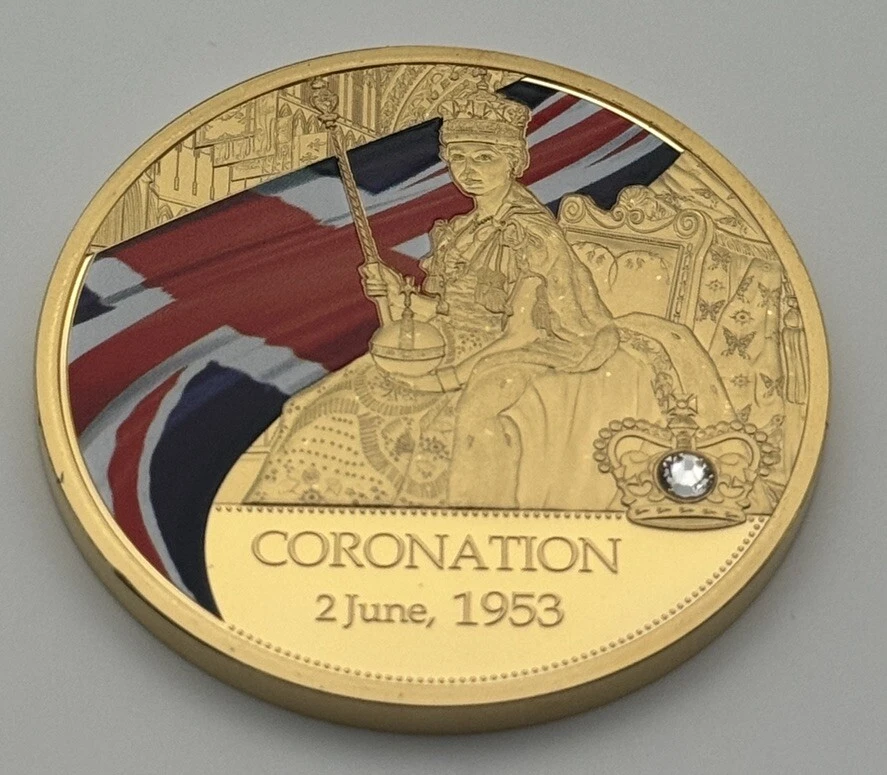 QUEEN ELIZABETH II Collector Album w/3 Gold-plated Swarovski Comm. Coins COA - Image 2 of 4