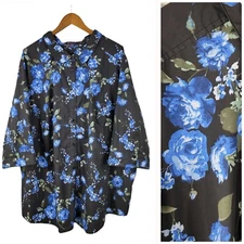 NEW Roamans Plus Size 36W Button Up Top Blouse Floral Dark Black Professional