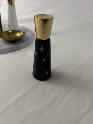 Atomic Starburst Salt And Pepper Shakers W/ Tray Black White Gold Rare Vintage - Picture 3 of 10