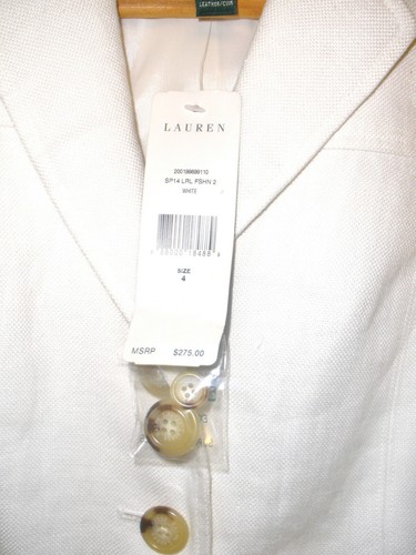 Lauren By Ralph Lauren Women White Linen Jacket w/ Brown Leather Trim Size 4 NWT - Picture 7 of 11