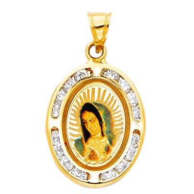 14K Yellow Gold Guadlupe Cubic Zirconia Religious Pendant For Necklace or Chain