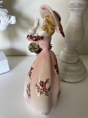 Lefton 398A Lady Figurine Ceramic Pink Floral Basket Dress Hat