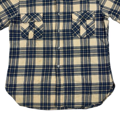 VTG Pendleton Distressed Beige & Blue Plaid Wool Button Up Shirt FLAW USA Size M - Picture 3 of 16