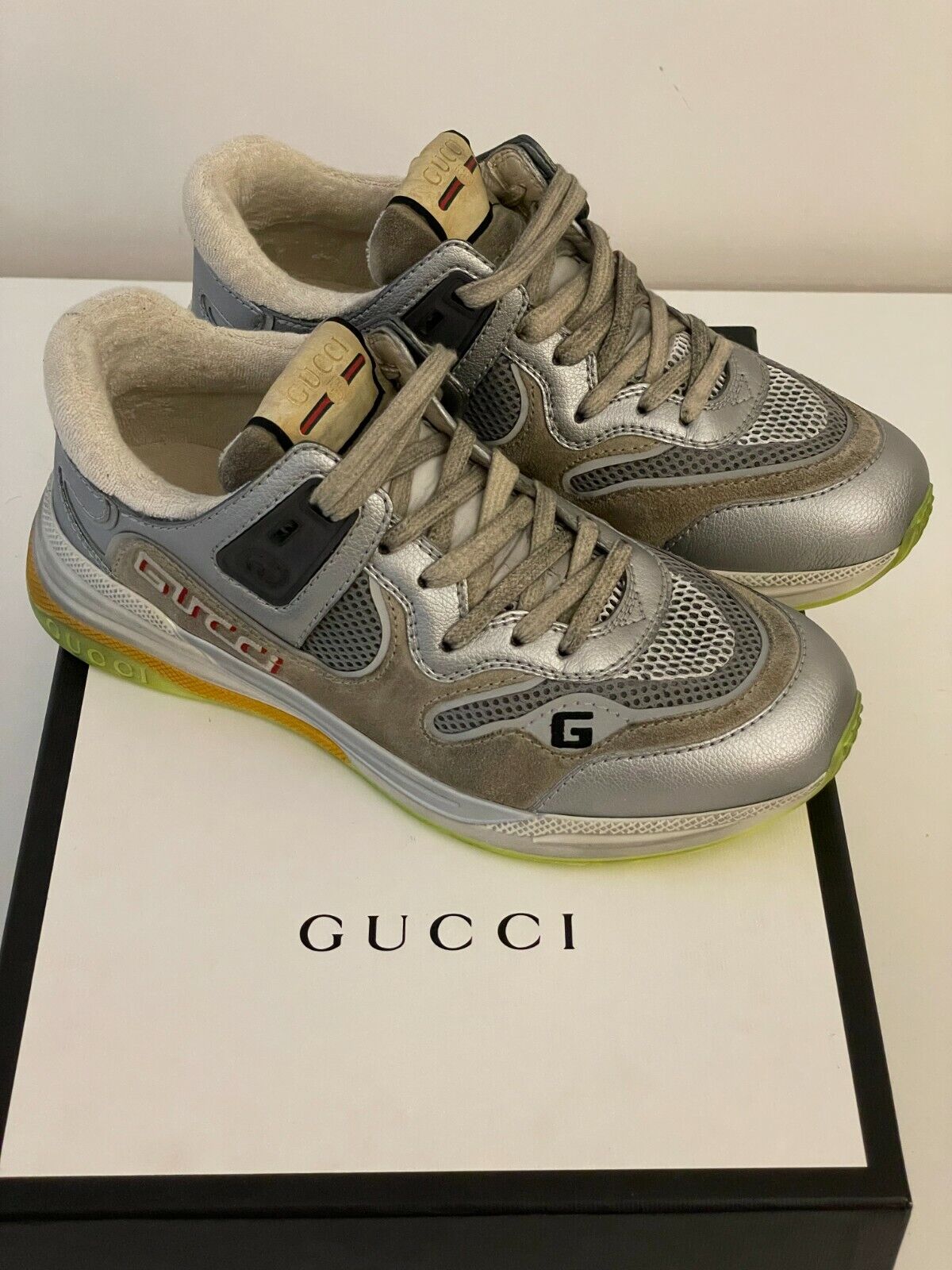 Dejlig For tidlig bænk Size 5.5 G - Gucci Ultrapace Silver Metallic Green Sneaker Snake skin Women  | eBay