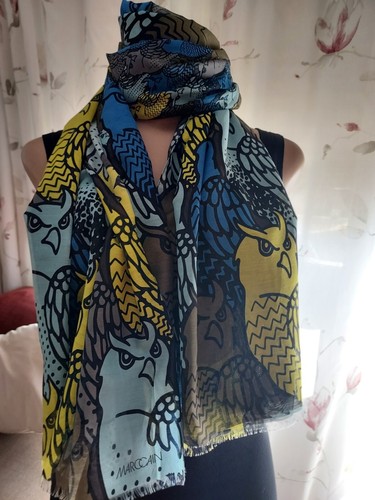 Pañuelo bufanda Marc Cain búhos amarillos y azules | eBay