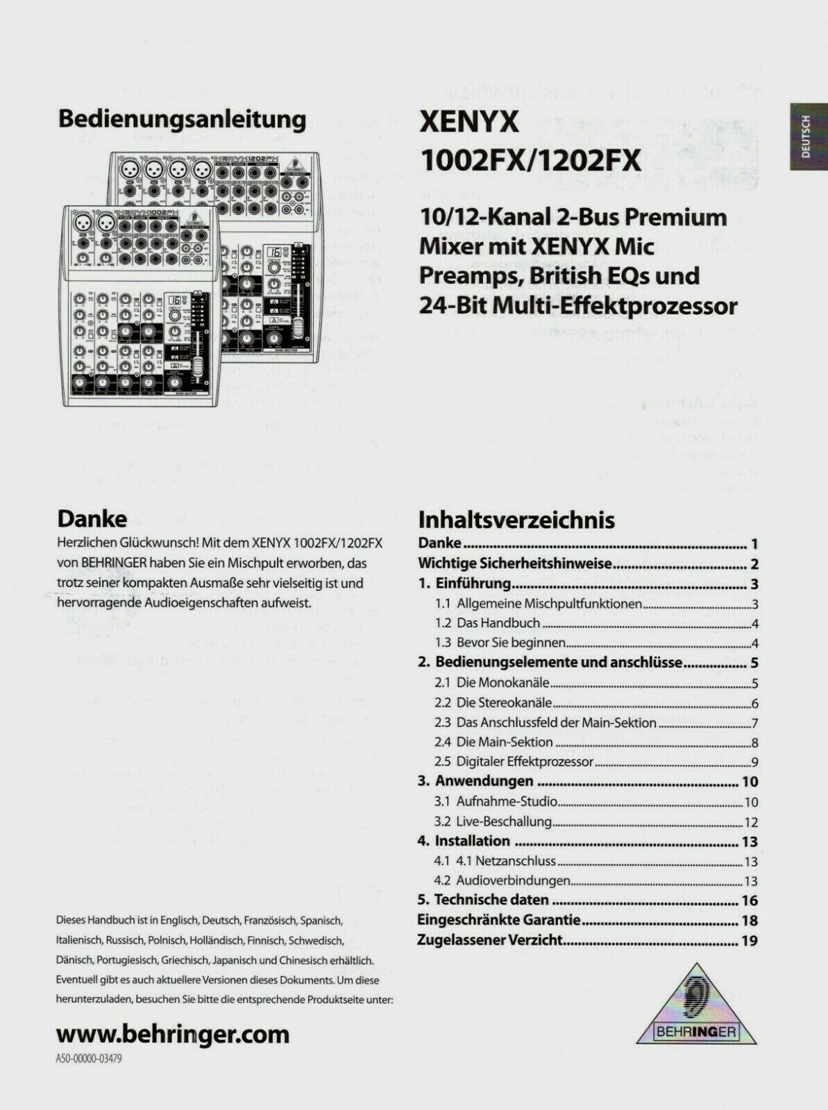 Instrukcja obsługi # Behringer # Konsole miksujące Xenyx # niemiecki # 19 stron