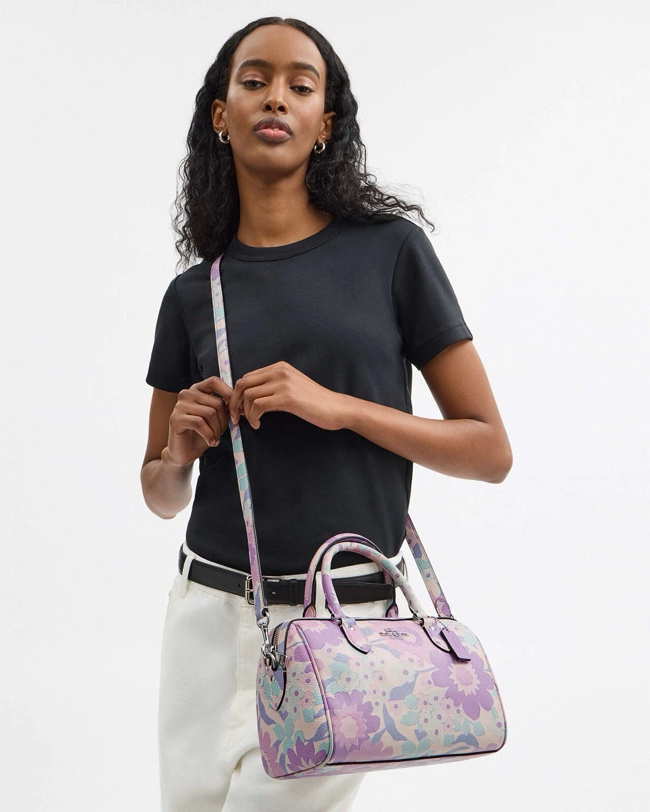 Borsa a tracolla Coach Rowan nuova con etichetta con stampa floreale in argento avorio multi viola