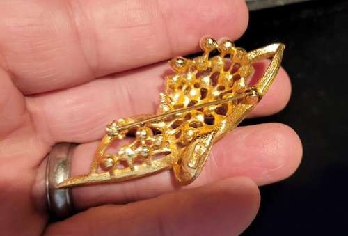 Vintage Stamped ART Faux Pearl Gold Tone Brooch Pin - 2.75 Inch MCM - Picture 3 of 5