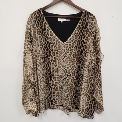 Calvin Klein Womens Animal Print Sheer Top Size 3X V Neck Mob Wife Romantic