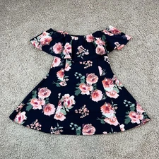 J FOR JUSTIFY Girls Navy Blue Floral Off-The-Shoulder A-Line Dress L Short