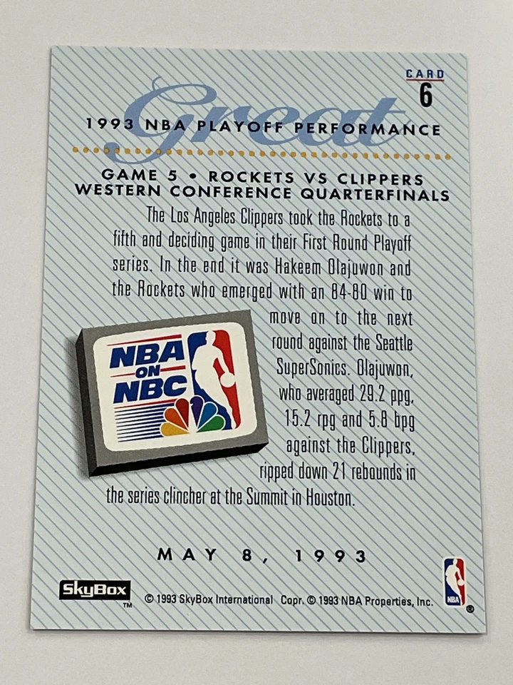 1993-94 SkyBox Premium Basketball #6 - Hakeem Olajuwon - Houston Rockets - Image 2 of 2