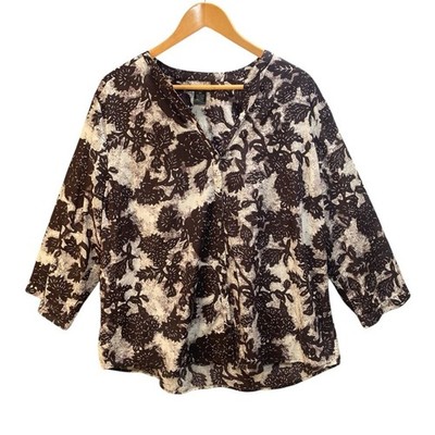 Preswick & Moore Floral Print 3/4 Sleeve V-Neck Blouse Top Brown White Casual