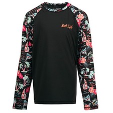 Salt Life Youth Size M Black SLX Uvapor L/S Flower Drift Salty Saltlife UV30 NWT
