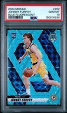 2024-25 Panini Mosaic Johnny Furphy #202 Blue Fluorescent 68/75 RC PSA 10