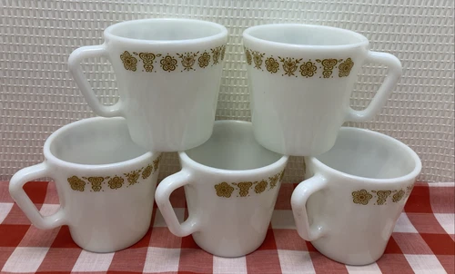 Vintage Set of 5 Pyrex  #1410 Golden Butterfly D Handle Coffee Mugs Clean USA