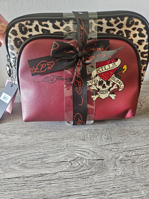 Ed Hardy Love Kills Slowly Red Leopard Print Zipper Makeup Bag