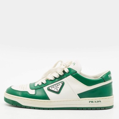 Prada Downtown Size 39.5 WhiteGreen Leather Low Top Sneakers
