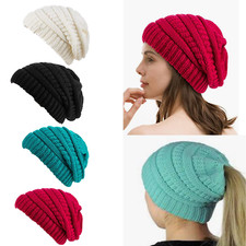 Womens Winter Knit Ponytail Beanie Hats Soft Stretch Ribbed Chunky Cap Warm Gift
