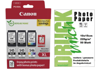 MultiPack Original Canon 2x PG-545XL + 1x CL-546XL (3 Patronen) oder Fotopapier