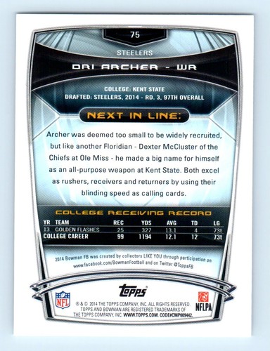 2014 Bowman Rookies Dri Archer Rookie Pittsburgh Steelers #75 - Picture 2 of 2