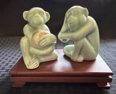 Set of 2 ~ Thai Celadon Green Glaze Monkey Chimp Figurines - Made in Thailand