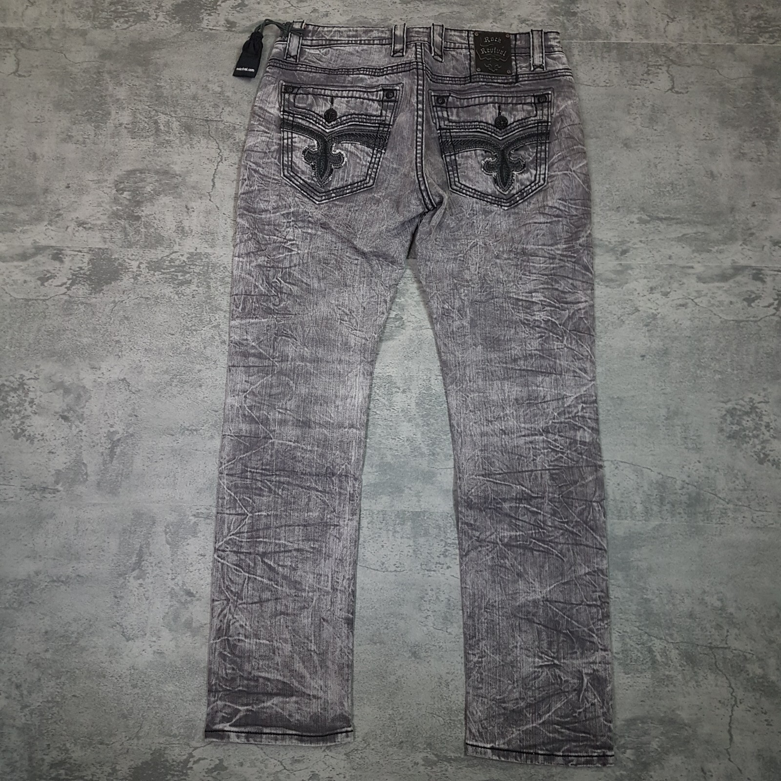 ROCK REVIVAL Mike Biker Tapered Distressed Jeans Mens Size 34x34 Grey Black