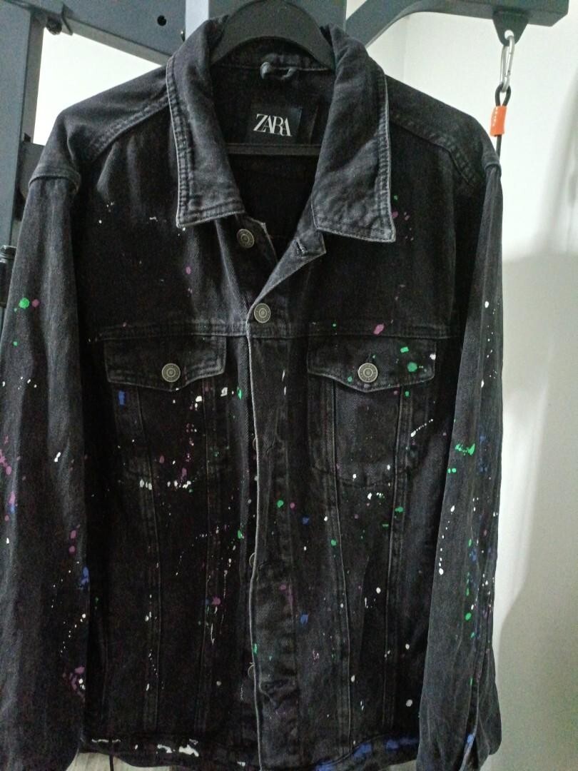 Zara Men's paint splatter black denim jean jacket medium men