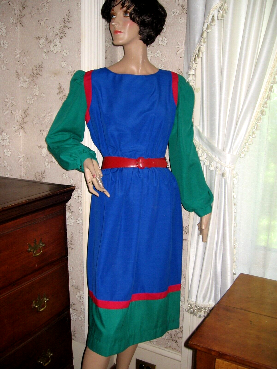 LOVELY VINTAGE LADY CAROL GREEN/BLUE/RED DRESS GENUINE LEATHER RED BELT  14