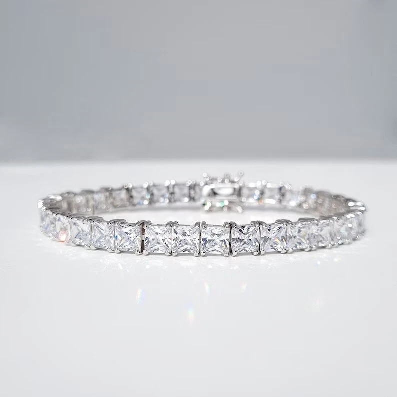 25Ct 5mm Princess Lab Created Diamond Mens Tennis Bracelet 14K White Gold Plated - Image 4 of 4