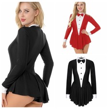 Womens Leotard Bodycon Dress Ruffle Bodysuit Waitress Clubwear Long Sleeve