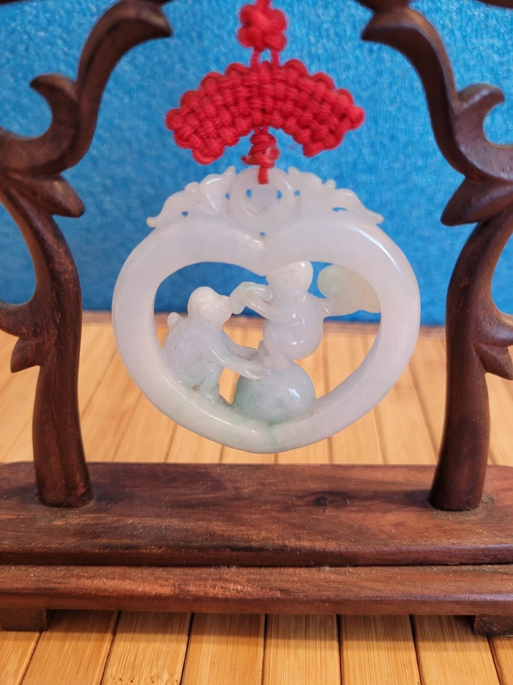 Antiq 2" Tallado Blanco Verde Jade Corazón 2 Monos 6" Palisandro 2 Dragones Soporte.OBO Foto 3 de 4