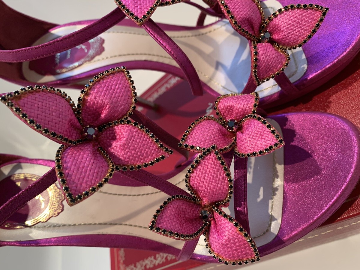 RENE CAOVILLA 40 9.5 Hot Pink Flower Embellished Stiletto Platform 