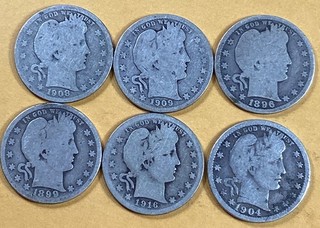 90% Silv Barber Quart 1908O 1909P 1896P 1899O 1916P 1904P (Lot Of 6) FREE SHIP.