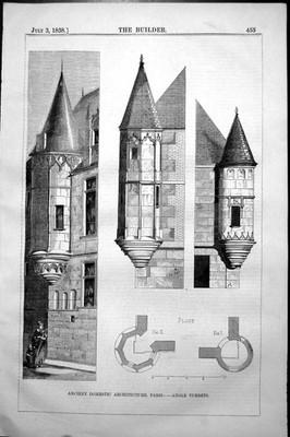 Alter Druck antike Hausarchitektur Paris Winkeltürme Details 1858 19.