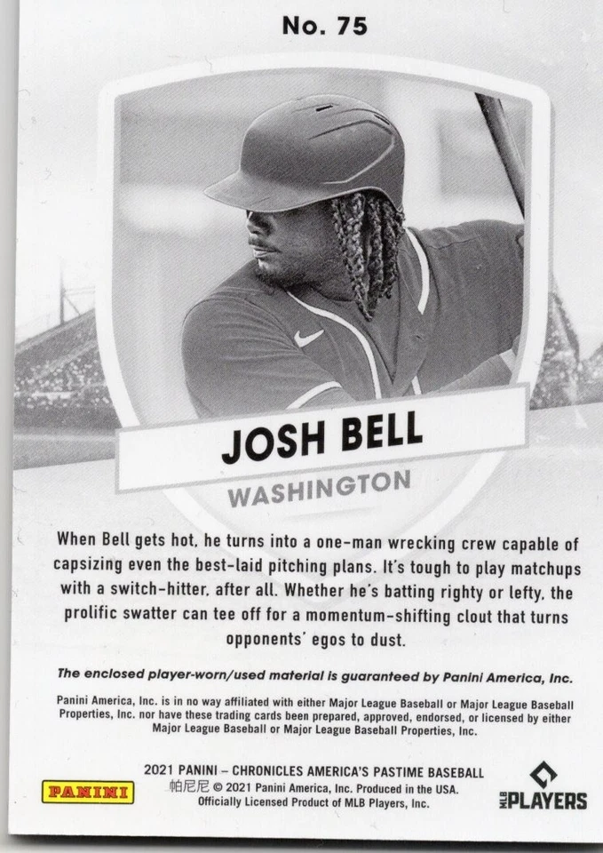JOSH BELL 2021 Panini Chronicles America's Pastime Swatches /99 #75 + Bonus! - Image 4 of 4