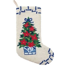 Blue Poinsettia Tree Chinoiserie Christmas Hooked Stocking- Wool 21"