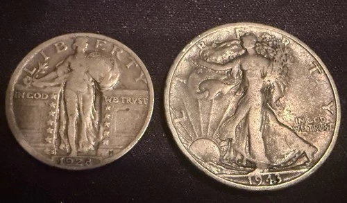 1928-S Standing Liberty Quarter & 1943-S Walking Liberty Half 90% Silver Coins