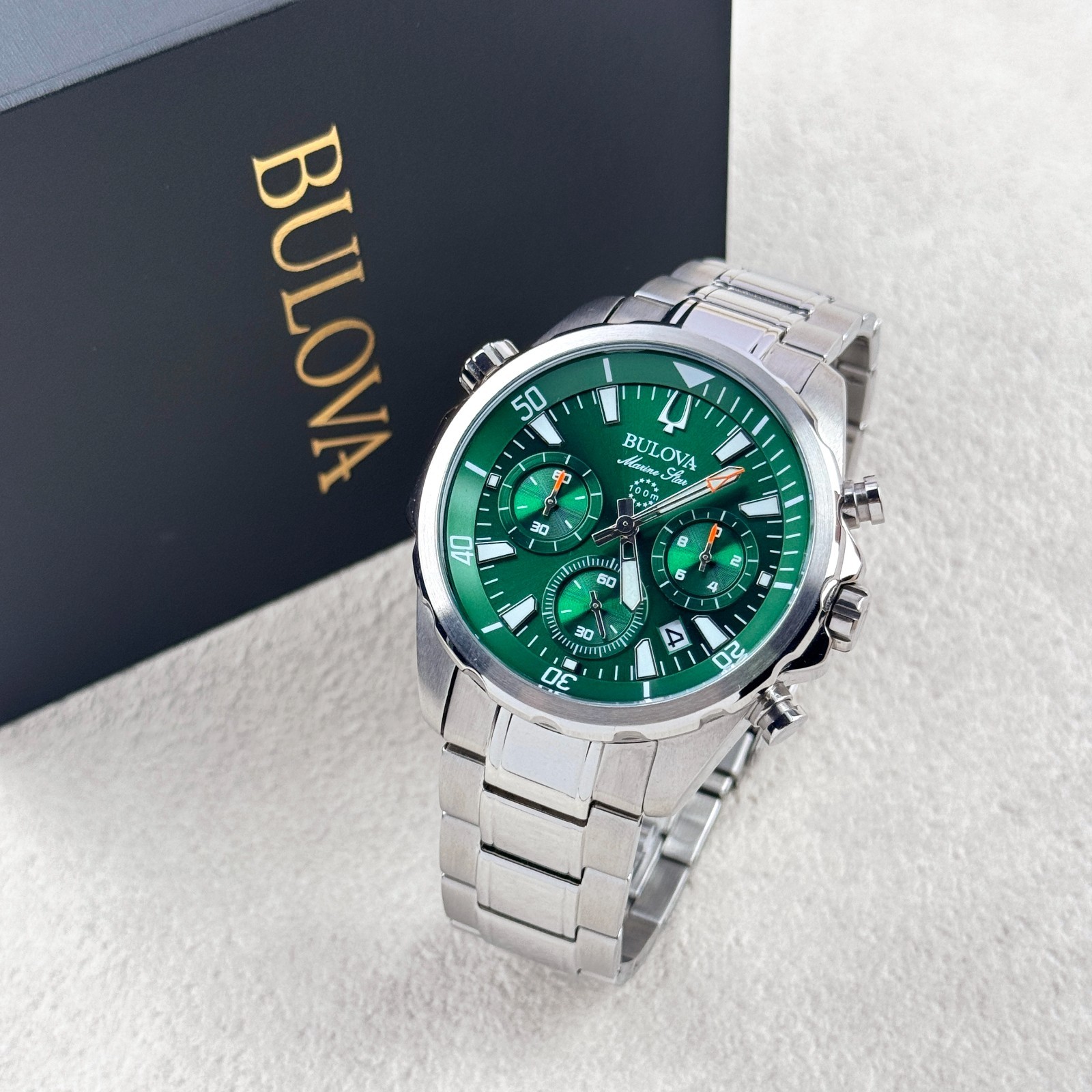 Bulova Men's Marine Star 96B396 Green Dial Stainless Steel Chronograph Watch