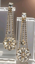 Vintage Czech Bijouterie White Rhinestone Dangle Goldtone Clip on Earrings