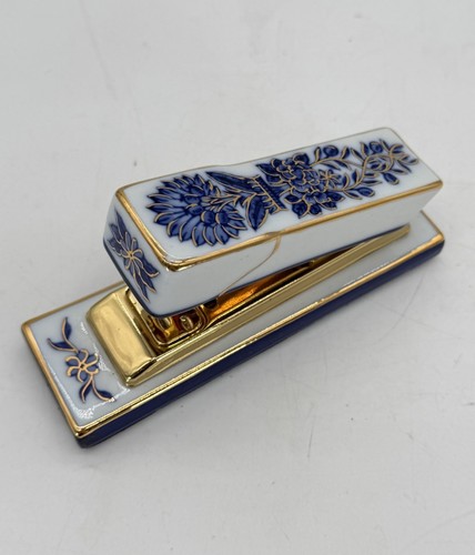 Vintage Cobalt Blue Gold & White Porcelain Desk Stapler Staple Matted Base RARE