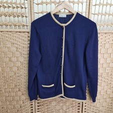 Aquascutum London Navy Cardigan 100% Lambswool Tan Club Check Size 36 Bust S/M 