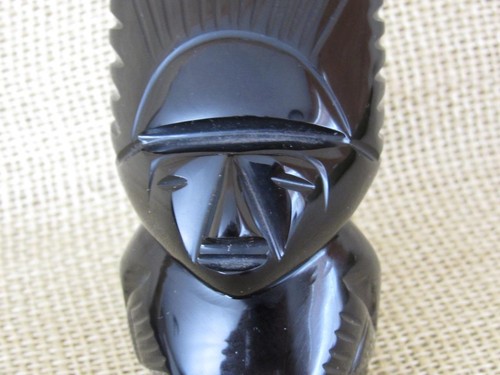 Vtg Hand Carved Jet Black Obsidian Aztec Mayan Statue Figure ~ Unique Headdress - Picture 5 of 8