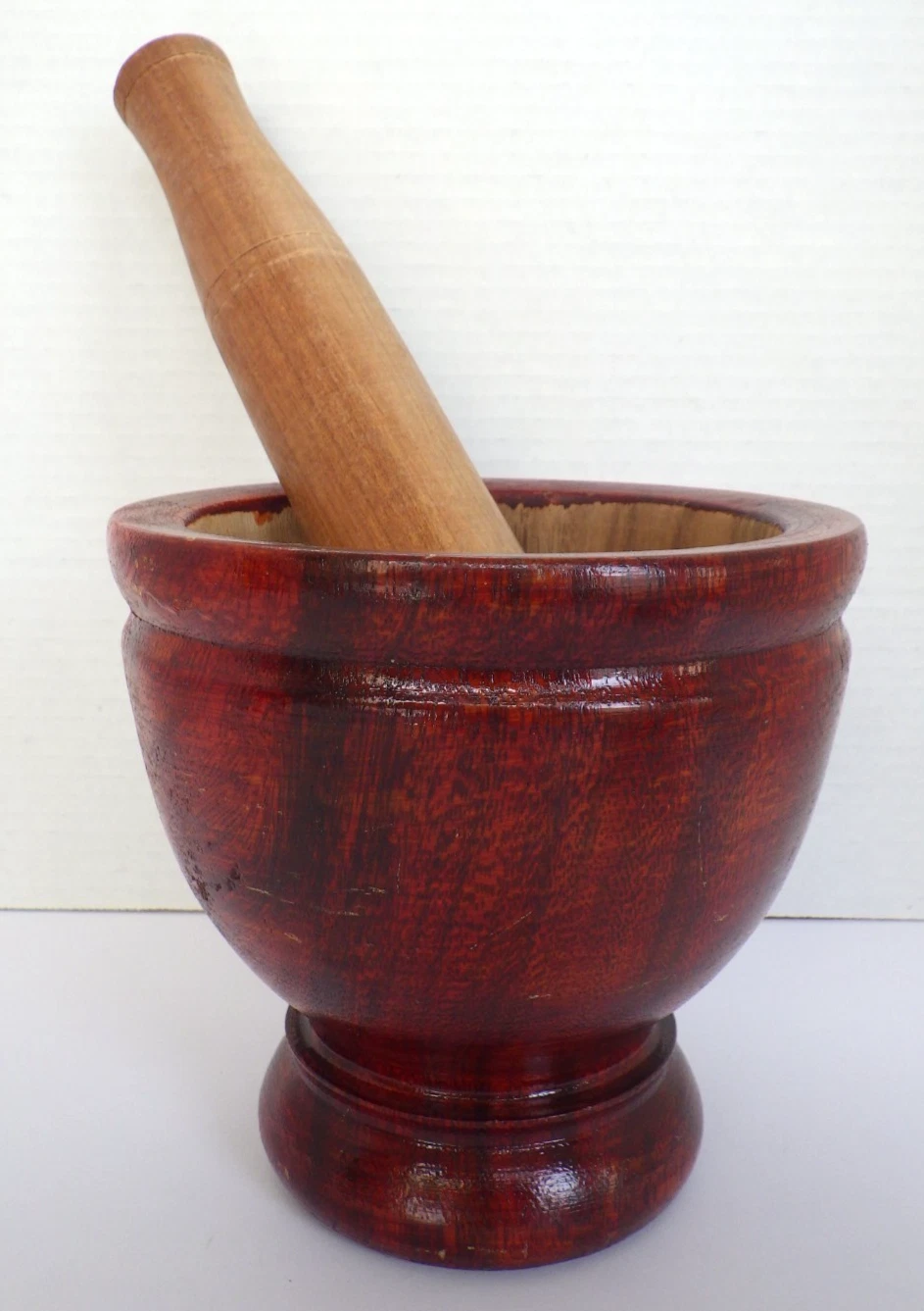 Vintage Thai Handcrafted Wood Mortar & Pestle Grinding Bowl 6" Kitchen Décor